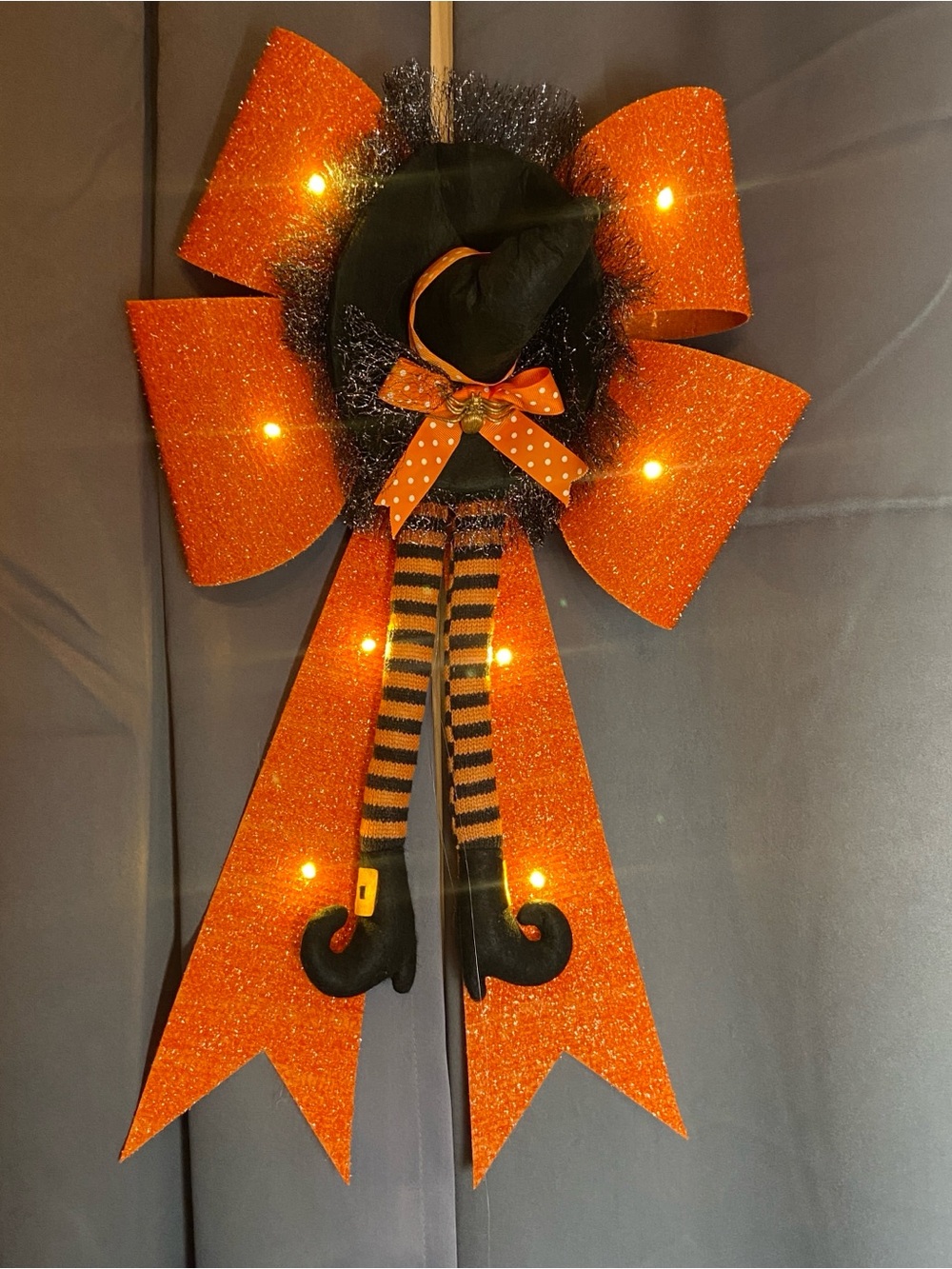 LED Lighted Halloween Witch Bow‎ Door Hanger - Orange & Black 24”